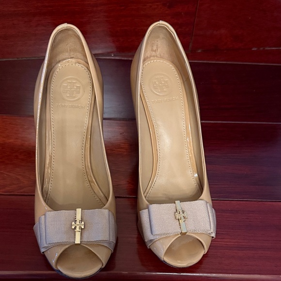 Tory Burch Tan Peep-Toe Wedges - Picture 2 of 5